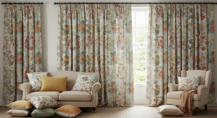 A photo showing a room with pretty curtains, rods and cushions