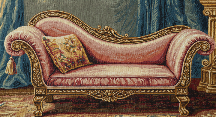 A photo showing a tapestry of a piece of furniture