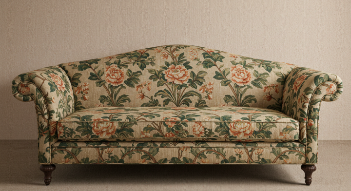 A photo showing a tapestry of a sofa